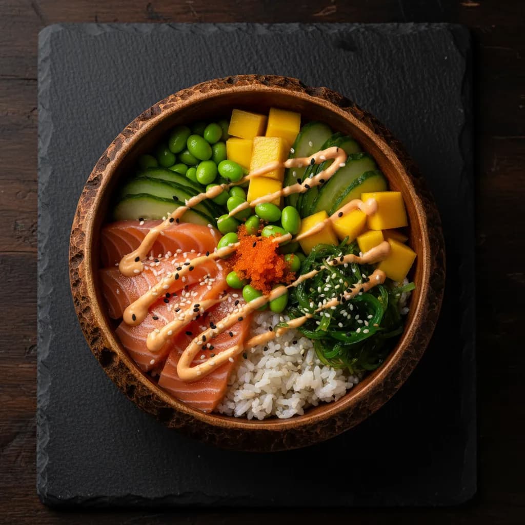 Fresh salmon poke bowl with mango, edamame and masago